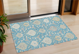 Homeroots 3' Artichoke Green Brown Ivory Damask Washable Area Rug For Indoor Outdoor Spaces, Durable Design 3' X 5' Polyester 599454