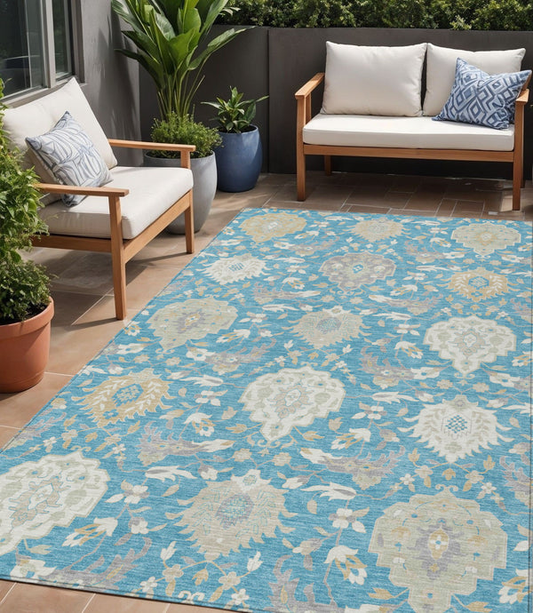 Homeroots 3' Artichoke Green Brown Ivory Damask Washable Area Rug For Indoor Outdoor Spaces, Durable Design 5' X 8' Polyester 599455