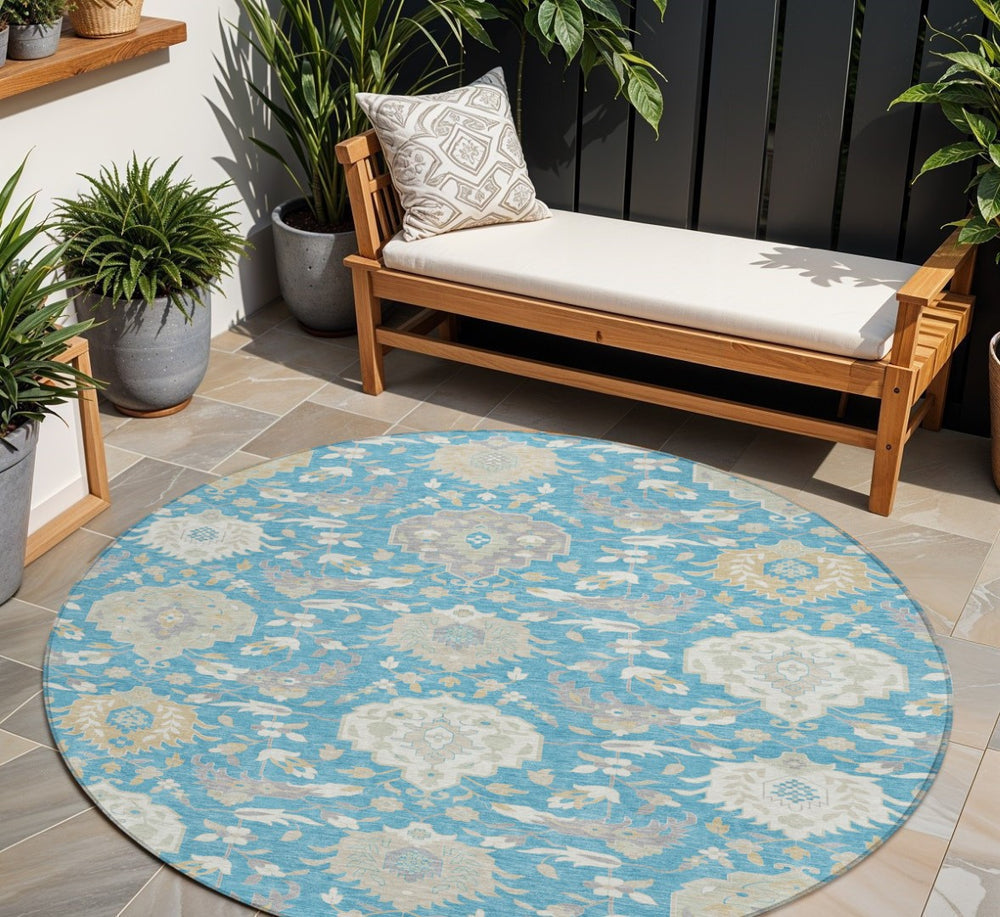HomeRoots 5' Elegant Damask Washable Area Rug in Teal, Blue, Gray & Ivory for Indoor/Outdoor Spaces 8' Round 599456