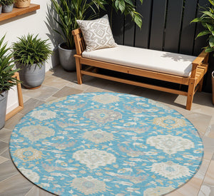 Homeroots 3' Artichoke Green Brown Ivory Damask Washable Area Rug For Indoor Outdoor Spaces, Durable Design 8' Round Polyester 599456