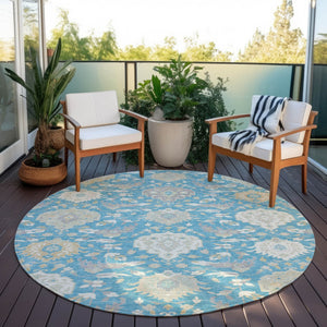 Homeroots 3' Artichoke Green Brown Ivory Damask Washable Area Rug For Indoor Outdoor Spaces, Durable Design 8' Round Polyester 599456