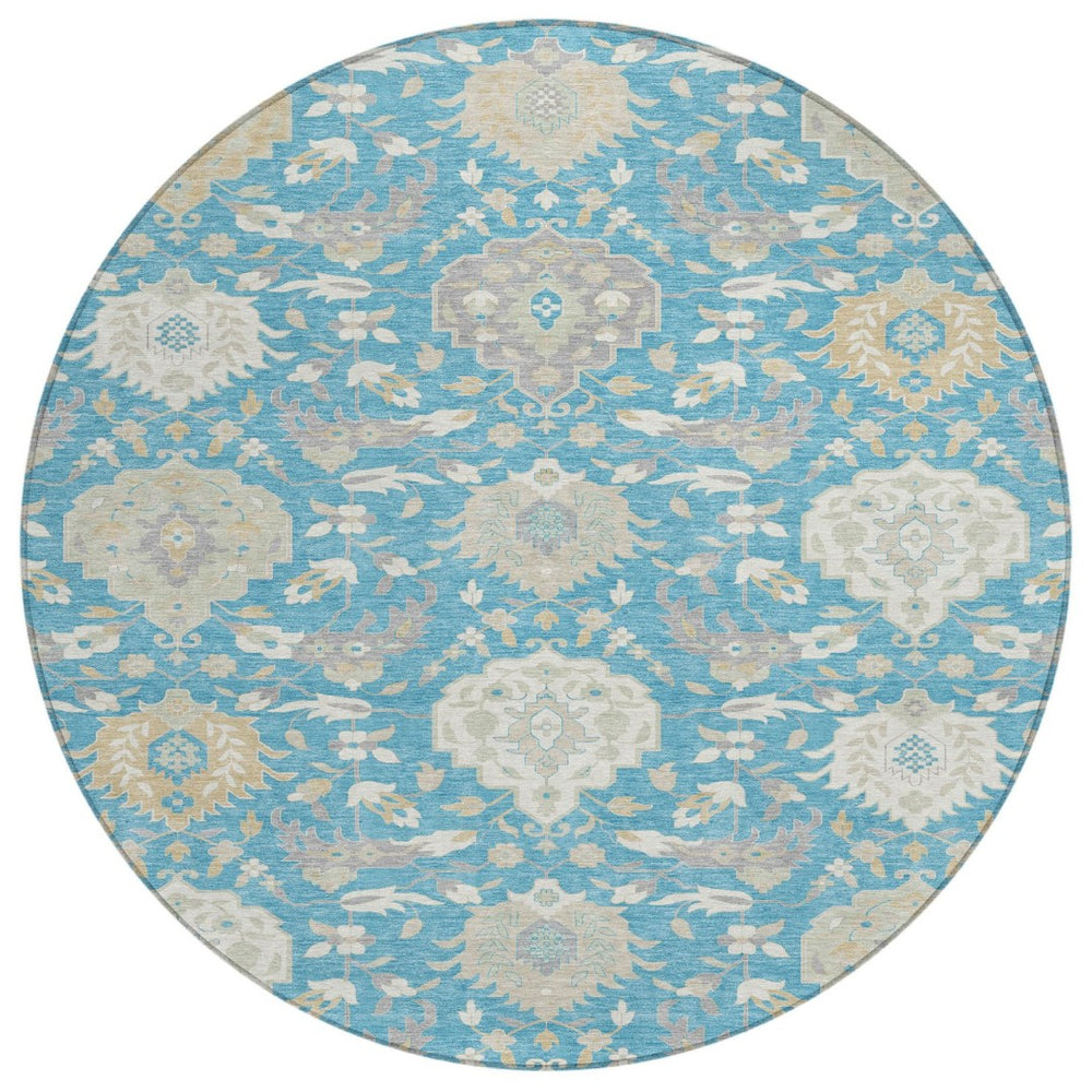 HomeRoots 5' Elegant Damask Washable Area Rug in Teal, Blue, Gray & Ivory for Indoor/Outdoor Spaces 8' Round 599456