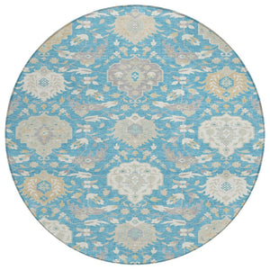 HomeRoots 5' Elegant Damask Washable Area Rug in Teal, Blue, Gray & Ivory for Indoor/Outdoor Spaces 8' Round 599456
