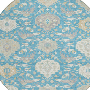 HomeRoots 5' Elegant Damask Washable Area Rug in Teal, Blue, Gray & Ivory for Indoor/Outdoor Spaces 8' Round 599456