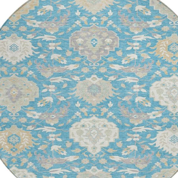 HomeRoots 5' Elegant Damask Washable Area Rug in Teal, Blue, Gray & Ivory for Indoor/Outdoor Spaces 8' Round 599456