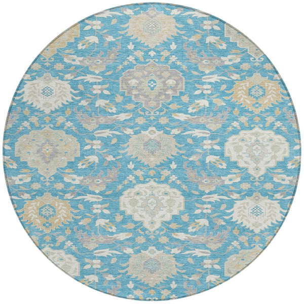 Homeroots 3' Artichoke Green Brown Ivory Damask Washable Area Rug For Indoor Outdoor Spaces, Durable Design 8' Round Polyester 599456
