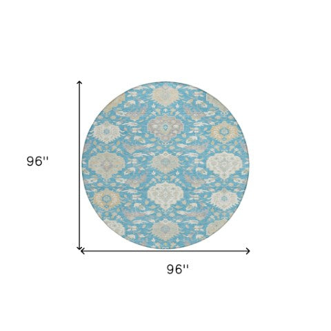 Homeroots 3' Artichoke Green Brown Ivory Damask Washable Area Rug For Indoor Outdoor Spaces, Durable Design 8' Round Polyester 599456