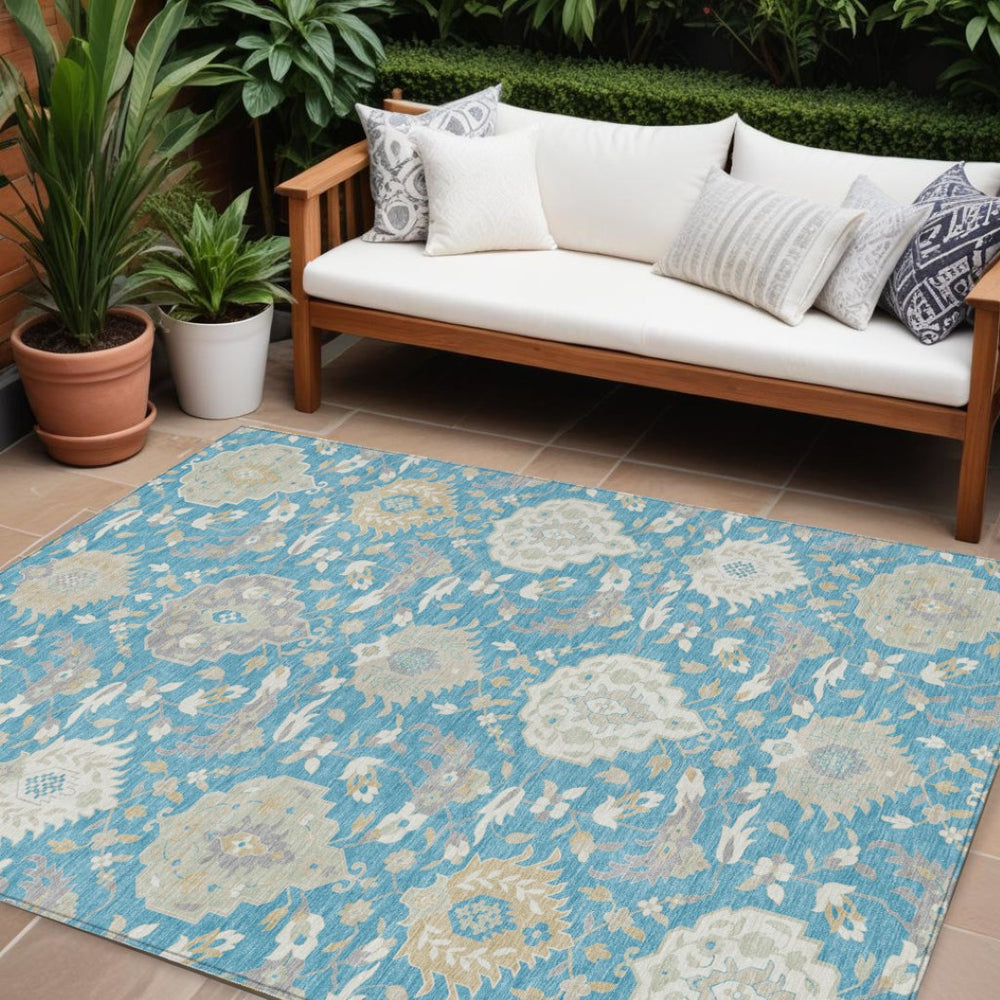 HomeRoots 9' X 12' Stylish Teal Blue Gray Ivory Damask Area Rug - Durable, Washable & Ideal for Indoor/Outdoor Use 599458