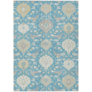 HomeRoots 9' X 12' Stylish Teal Blue Gray Ivory Damask Area Rug - Durable, Washable & Ideal for Indoor/Outdoor Use 599458