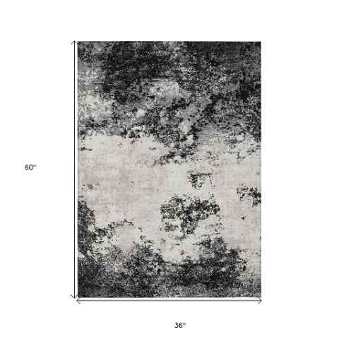 Homeroots 3' Black Gray And Ivory Abstract Washable Area Rug For Indoor And Outdoor Use - Durable Design 3' X 5' Polyester 599460