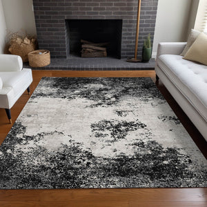 Homeroots 3' Black Gray And Ivory Abstract Washable Area Rug For Indoor And Outdoor Use - Durable Design 3' X 5' Polyester 599460