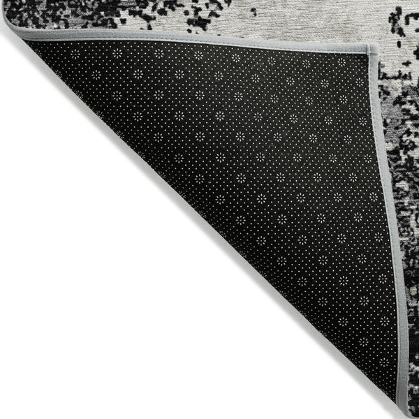 Homeroots 3' Black Gray And Ivory Abstract Washable Area Rug For Indoor And Outdoor Use - Durable Design 5' X 8' Polyester 599461