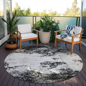 Homeroots 3' Black Gray And Ivory Abstract Washable Area Rug For Indoor And Outdoor Use - Durable Design 8' Round Polyester 599462