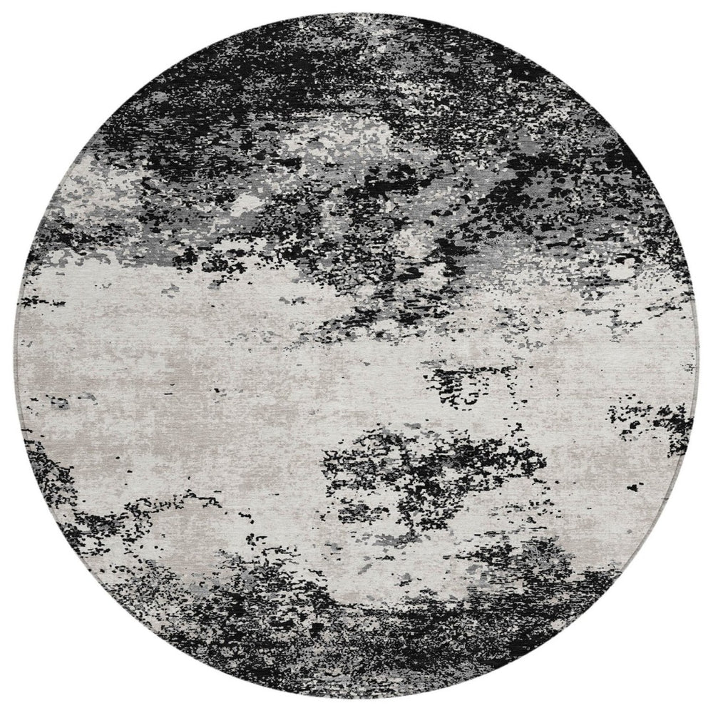 HomeRoots 5' Modern Abstract Washable Area Rug in Black, Gray & Ivory - Durable for Indoor & Outdoor Use 8' Round 599462