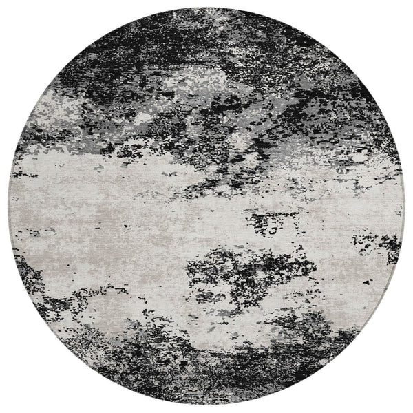 HomeRoots 5' Modern Abstract Washable Area Rug in Black, Gray & Ivory - Durable for Indoor & Outdoor Use 8' Round 599462