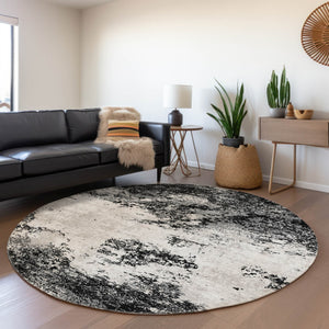 Homeroots 3' Black Gray And Ivory Abstract Washable Area Rug For Indoor And Outdoor Use - Durable Design 8' Round Polyester 599462