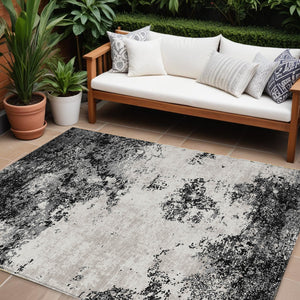 Homeroots 3' Black Gray And Ivory Abstract Washable Area Rug For Indoor And Outdoor Use - Durable Design 8' X 10' Polyester 599463