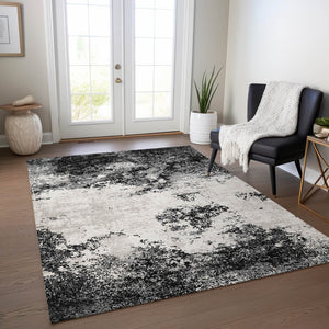 Homeroots 3' Black Gray And Ivory Abstract Washable Area Rug For Indoor And Outdoor Use - Durable Design 8' X 10' Polyester 599463
