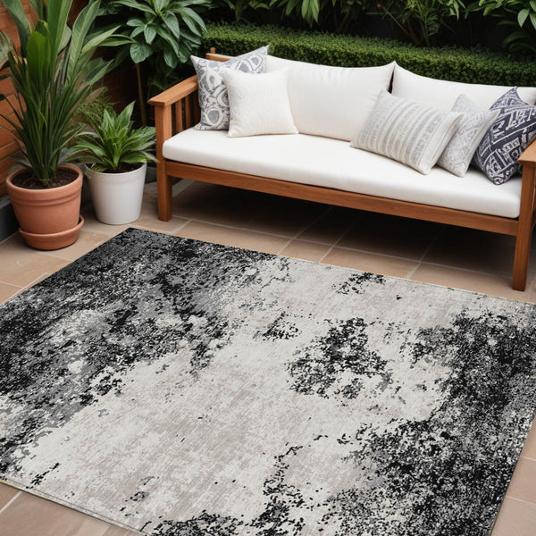Homeroots 3' Black Gray And Ivory Abstract Washable Area Rug For Indoor And Outdoor Use - Durable Design 9' X 12' Polyester 599464