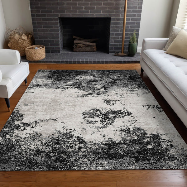 Homeroots 3' Black Gray And Ivory Abstract Washable Area Rug For Indoor And Outdoor Use - Durable Design 10' X 14' Polyester 599465