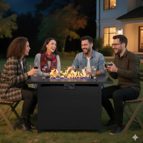 English Elm 43”width Outdoor Rectangular Propane Fire Pit Table with Iron Frame and Glass Shield B082P454964