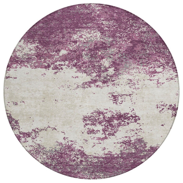 HomeRoots 5' Contemporary Abstract Eggplant Gray Ivory Washable Area Rug for Indoor Outdoor Spaces 8' Round 599480