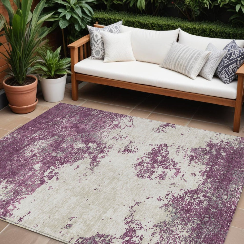 HomeRoots 9' X 12' Eggplant Gray & Ivory Abstract Washable Area Rug - Stylish, Durable, Indoor/Outdoor Design 599482