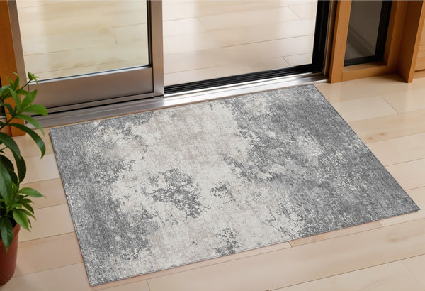 Homeroots 3' Black Gray And Ivory Abstract Washable Area Rug For Indoor And Outdoor Use - Durable Design 3' X 5' Polyester 599496