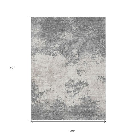 Homeroots 3' Black Gray And Ivory Abstract Washable Area Rug For Indoor And Outdoor Use - Durable Design 5' X 8' Polyester 599497