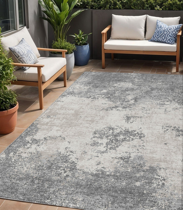 Homeroots 3' Black Gray And Ivory Abstract Washable Area Rug For Indoor And Outdoor Use - Durable Design 5' X 8' Polyester 599497
