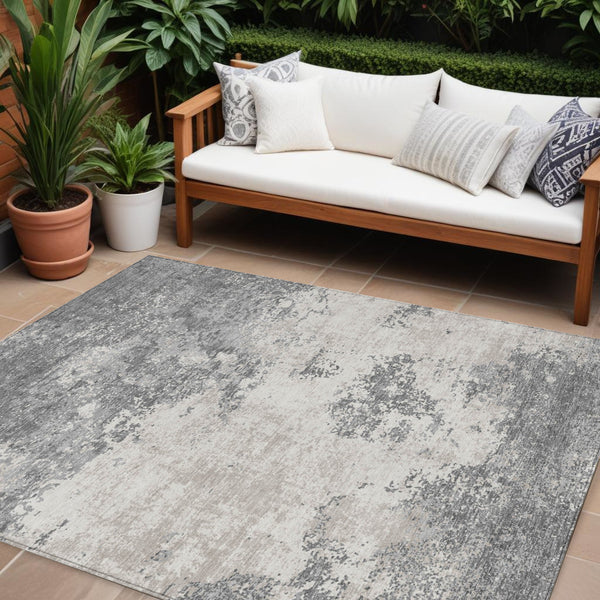 Homeroots 3' Black Gray And Ivory Abstract Washable Area Rug For Indoor And Outdoor Use - Durable Design 9' X 12' Polyester 599500
