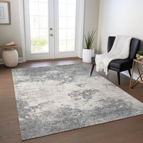Homeroots 3' Black Gray And Ivory Abstract Washable Area Rug For Indoor And Outdoor Use - Durable Design 9' X 12' Polyester 599500