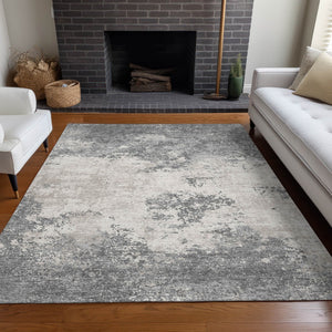 Homeroots 3' Black Gray And Ivory Abstract Washable Area Rug For Indoor And Outdoor Use - Durable Design 9' X 12' Polyester 599500