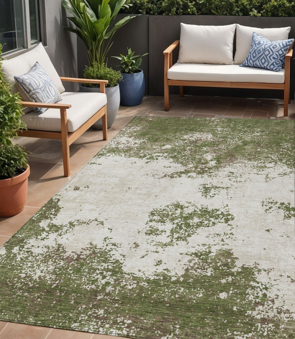HomeRoots 5' Stylish Olive Green Gray and Ivory Abstract Indoor Outdoor Area Rug - Durable & Washable Design 5' X 8' 599515