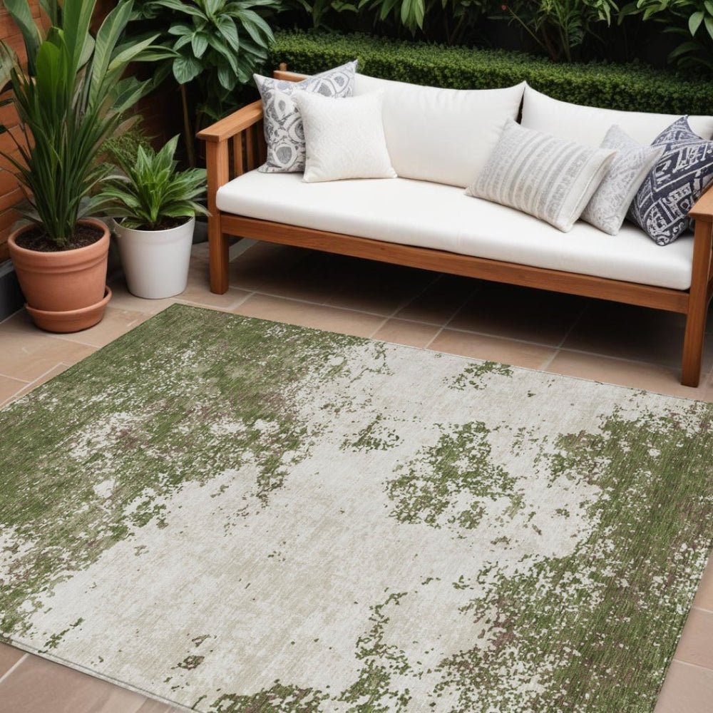 HomeRoots 9' X 12' Abstract Olive Green Gray Ivory Area Rug - Washable, Durable & Perfect for Indoor/Outdoor Use 599518