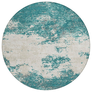 HomeRoots 5' Refresh Your Space with a Teal Blue, Ivory & Gray Abstract Washable Indoor/Outdoor Area Rug 8' Round 599522