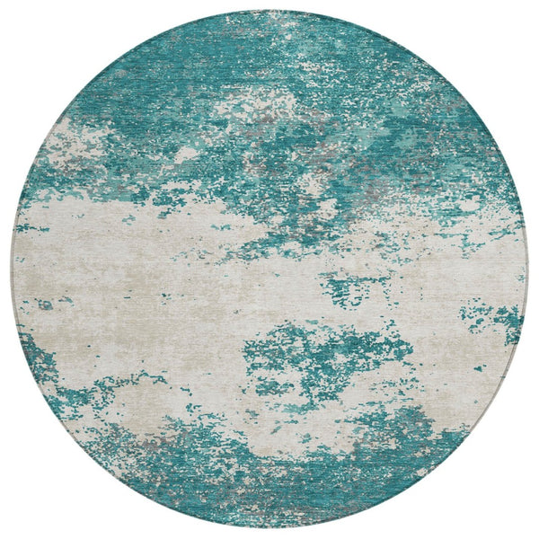 HomeRoots 5' Refresh Your Space with a Teal Blue, Ivory & Gray Abstract Washable Indoor/Outdoor Area Rug 8' Round 599522