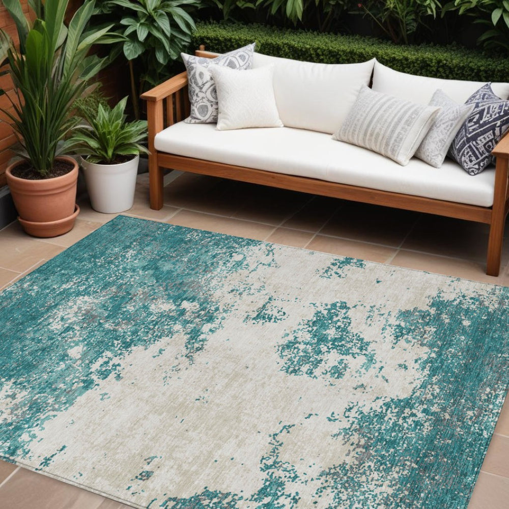 HomeRoots 9' Teal Blue Ivory Gray Abstract Washable Area Rug - Durable, Stylish, Indoor/Outdoor Design! 599524