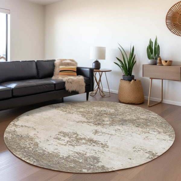 Homeroots 3' Black Gray And Ivory Abstract Washable Area Rug For Indoor And Outdoor Use - Durable Design 8' Round Polyester 599528