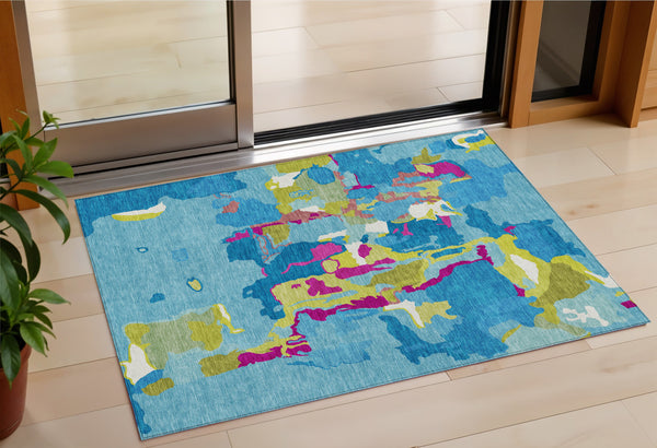 Homeroots 3' Aqua Green And Pink Abstract Washable Indoor Outdoor Area Rug - Perfect For Any Space! 3' X 5' Polyester 599532