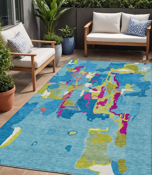 Homeroots 3' Aqua Green And Pink Abstract Washable Indoor Outdoor Area Rug - Perfect For Any Space! 5' X 8' Polyester 599533