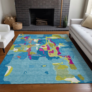 Homeroots 3' Aqua Green And Pink Abstract Washable Indoor Outdoor Area Rug - Perfect For Any Space! 5' X 8' Polyester 599533