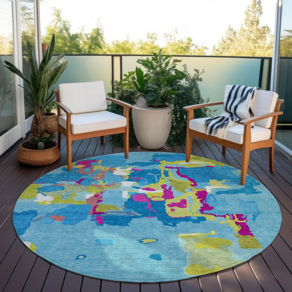Homeroots 3' Aqua Green And Pink Abstract Washable Indoor Outdoor Area Rug - Perfect For Any Space! 8' Round Polyester 599534