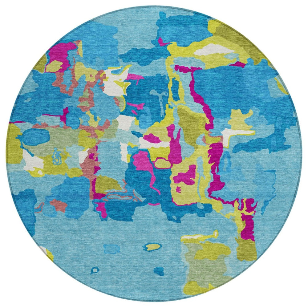 HomeRoots 5' Aqua Green and Pink Abstract Washable Area Rug – Perfect for Indoor and Outdoor Spaces, Stylish & Durable 8' Round 599534