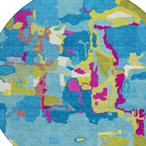 Homeroots 3' Aqua Green And Pink Abstract Washable Indoor Outdoor Area Rug - Perfect For Any Space! 8' Round Polyester 599534