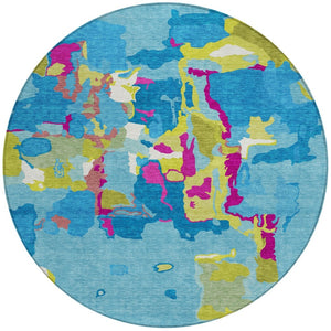 Homeroots 3' Aqua Green And Pink Abstract Washable Indoor Outdoor Area Rug - Perfect For Any Space! 8' Round Polyester 599534