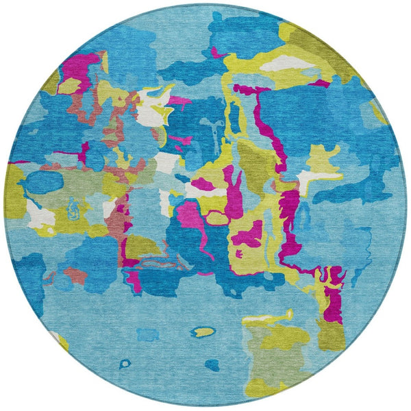 Homeroots 3' Aqua Green And Pink Abstract Washable Indoor Outdoor Area Rug - Perfect For Any Space! 8' Round Polyester 599534