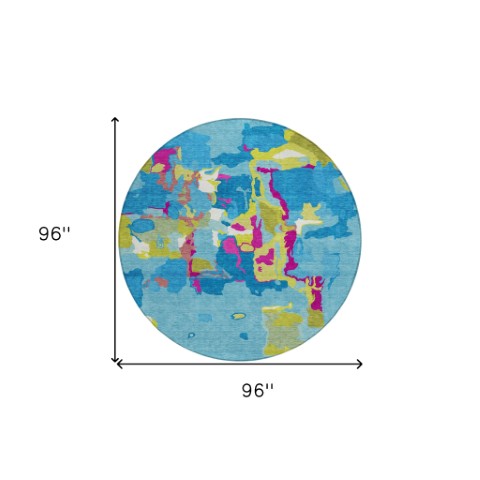 Homeroots 3' Aqua Green And Pink Abstract Washable Indoor Outdoor Area Rug - Perfect For Any Space! 8' Round Polyester 599534