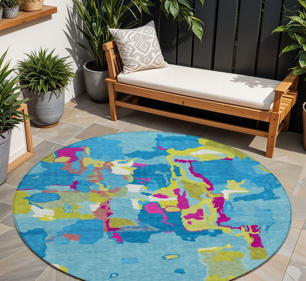 HomeRoots 5' Aqua Green and Pink Abstract Washable Area Rug – Perfect for Indoor and Outdoor Spaces, Stylish & Durable 8' Round 599534
