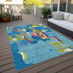 Homeroots 3' Aqua Green And Pink Abstract Washable Indoor Outdoor Area Rug - Perfect For Any Space! 8' X 10' Polyester 599535